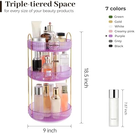 Aveniee Rotating Makeup Organizer for Vanity, Perfume Skincare Organizerss Large, Spinning Bathroom Counter Shelf Holder for Cosmetics, Skin Care, Lipsticks,3 Tiers, Purple - Image 5