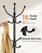 Pipishell Metal Heavy Duty Coat Rack with Sturdy Marble Base, Coat Tree with 16 Hooks & Detachable Umbrella Holder,Coat Rack Freestanding for Entryway, Corner, Bedroom and Home Office, Black - Image 6