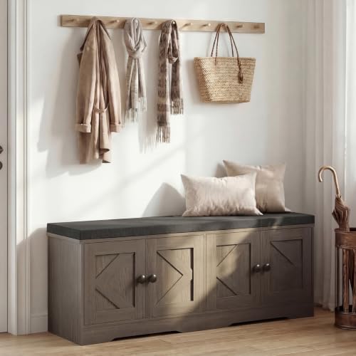Apicizon Storage Bench with Seat Cushion, 2 Tier Entryway Bench with 4 Barn Doors, Adjustable Shelves, 47.36" Shoe Bench for Entryway Hallway Bedroom Living Room, Greige by APICIZON