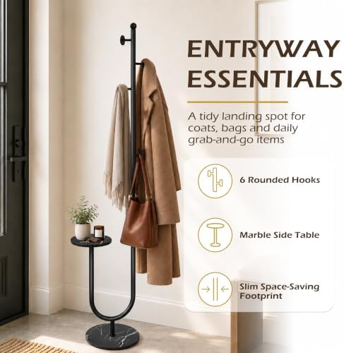 Metal Coat Rack Freestanding, Marble Table & Base, 6 Hooks, Black - Image 6