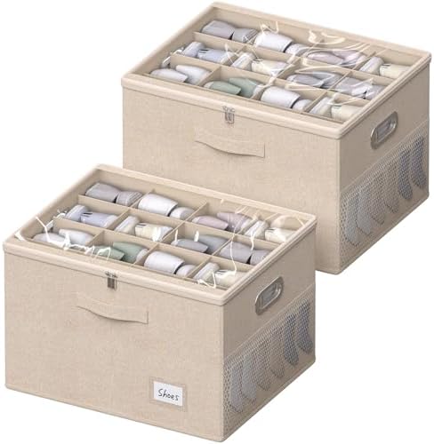 2 Pack Shoe Organizer for Closet Large Shoe Box Storage Containers with Clear Window Space Saving Shoe Bin with Foldable Bottom Support Adjustable Dividers Fits 32 Pairs (Beige, (19.7x15.7x13inch)x2) by FHSQX
