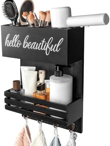 2Tier Black Wooden Hair Dryer Holder Wall-Mounted Organizer by Cokritsm