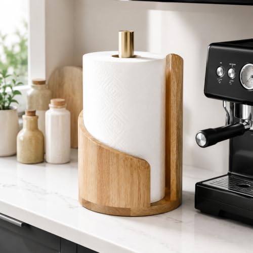 Handcrafted Solid Wood Paper Towel Holder with Brass Stand, Minimalist Scandinavian Kitchen Countertop Organizer for Napkins Receipts Mail, Natural Wood Desk Décor - Image 2