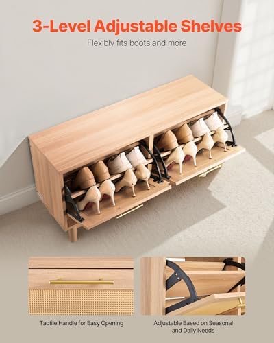VEVOR Rattan Shoe Storage Bench, Entryway Bench with 2 Flip Drawers, Holds up to 300 lbs with 4 Compartments and 2 Rattan Doors, 39.4 x 11.8 x 20.9 Inches for Hallway, Living Room, Bedroom - Image 6