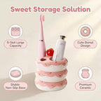 Donut Ceramic Toothbrush Holder, 5-Slot Toothbrush and Toothpaste Holder Cute Toothbrush Holder Set, Bathroom Storage Rack Suitable for Electric Toothbrushes, Toothpaste, Dental Floss (Pink) - Image 3