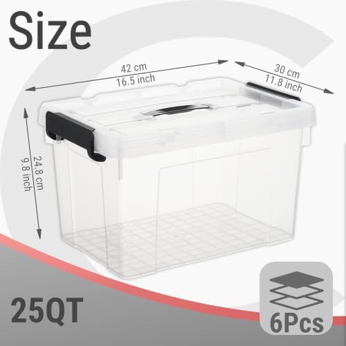 Cetomo Plastic Storage Bins with Handle, Storage Bin with Lids, Organizing Container, PP Box for Home Office, Clear, 25 Quart (Pack of 6) - Image 2