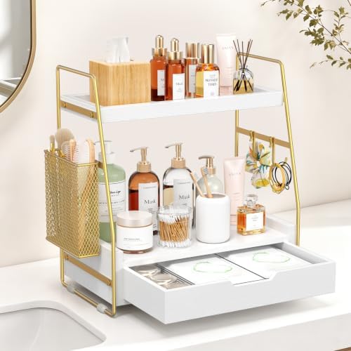 2-Tier Bathroom Counter Organizer with Drawer, Wood Counter Storage Shelf by Unknown