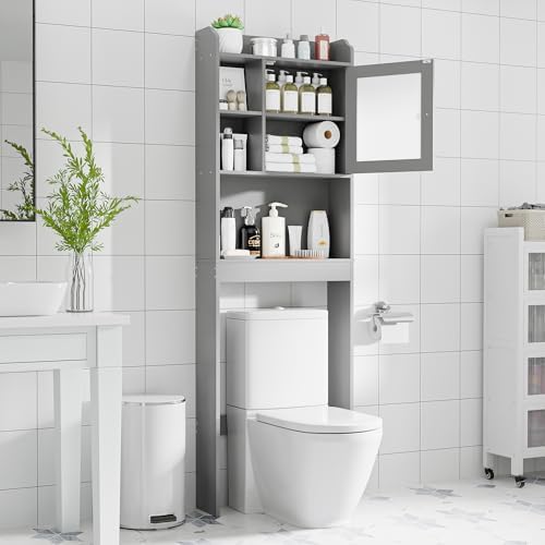 SUPER DEAL Over The Toilet Bathroom Storage Cabinet Freestanding Wooden Bathroom Organizer with Adjustable Shelves and Glass Door, Gray - Image 4