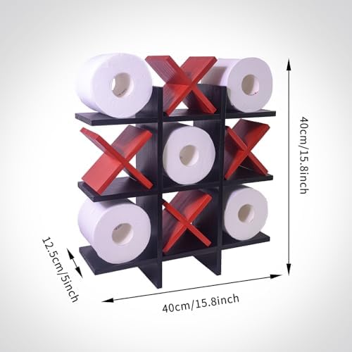 DAOYOUSKY Tic Tac Toe Toilet Paper Holder Stand with 4pcs Wooden X, Farmhouse Rustic Wall Mounted Funny Toilet Papers Storage Organizer with Shelf, Guest Bathroom Decor, Black and Red - Image 6