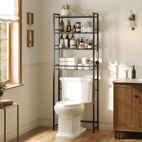 Over The Toilet Storage Shelf, 4-Tier Bathroom Organizer with Basket & Hooks, Sturdy Space Saver for Small Bathrooms, Black - Image 4