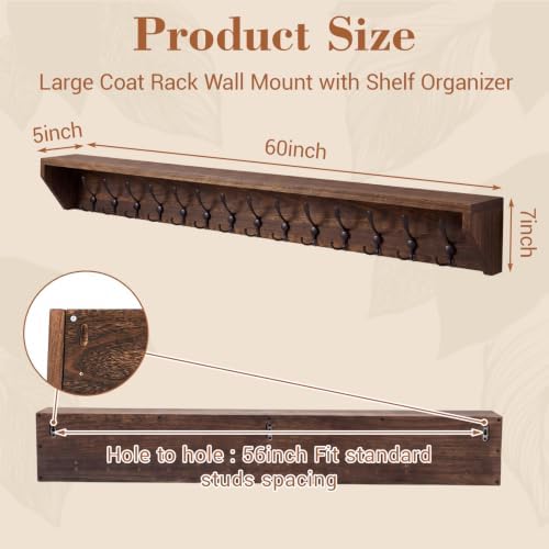 Geelin 60 Inch Wall Shelf with Hooks and Shelf Organizer Wall Mount Coat Rack with 14 Triple Hooks for Hanging for Entryway, Hallway, Bathroom, Living Room, Bedroom - Image 2