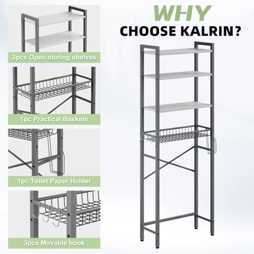 Kalrin Over-The-Toilet Storage Rack, 4-Tier Bathroom Organizer Shelf Over Toilet with Adjustable Shelf and Basket, Freestanding Space Saver Bathroom Shelves Above Toilet for Room (Gray- White) - Image 6