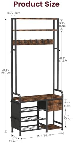 Homeiju Hall Tree with Bench and Shoe Storage, 3-in-1 Entryway Organizer with 6+2 Hooks, Coat Rack with Adjustable Feet for Stability, Mudroom Furniture with Storage Shelf - Image 3