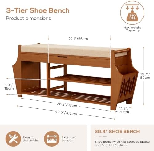39.4in Shoe Bench with 2 Holder, 3 Tier Bamboo Entryway Bench with Storage - Image 2