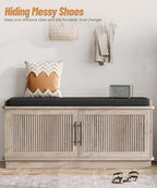Akxomel 39.4" Fluted Shoe Storage Bench 2 Doors Wooden Entryway Bench Grey - Image 5