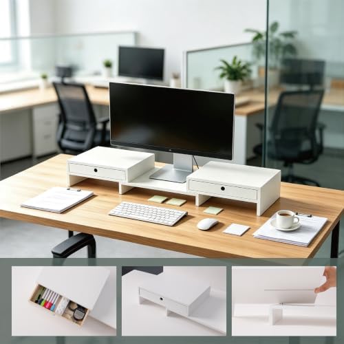 LAPTAIN Monitor Stand Riser, Adjustable Monitor Stand, 2 Drawers, White - Image 6