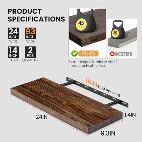 Fun Memories Floating Shelves for Wall, 24"x9.3" Rustic Solid Elm Wood Shelves, Heavy-Duty Wall Mounted Shelves with Invisible Brackets, Set of 2 for Living Room, Bedroom, Kitchen, Walnut Finish - Image 4