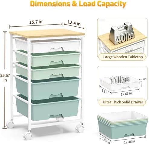 SUNALLY Rolling Carts With 5 Drawers, Storage Drawer Carts for Craft, Green - Image 2