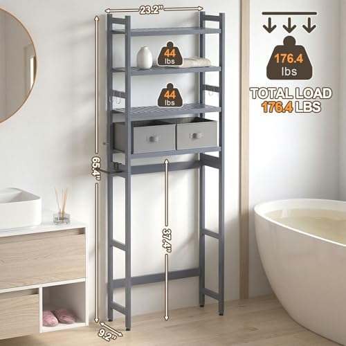 Homde Bathroom Over Toilet Storage Rack: Adjustable 4-Tier Bamboo (Grey) - Image 2