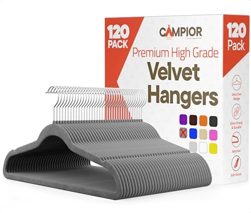 Gray Velvet Hangers 120 Pack – 360° Swivel Hook, Non-Slip and Space Saving Hangers, Heavy-Duty 11 lbs Weight Capacity - Smooth Velvet Finish for Crease-Free Clothes and Effortless Closet Organization by Campior