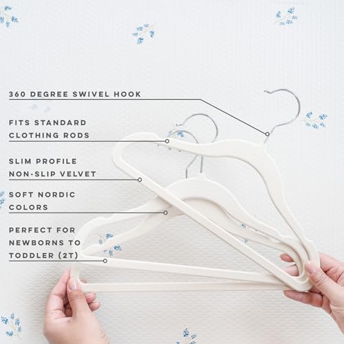 3 Sprouts Velvet Baby Hangers - Non-Slip Hanger for Infant, Toddler, Baby Clothes - Closet Kids Hangers with Slim Design, Nordic Colors, Pack of 30 - Beige - Image 3