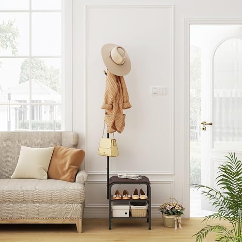 Gewudraw 3-in-1 Freestanding Coat Rack Stand with Shoe Bench for Entryway - Image 2