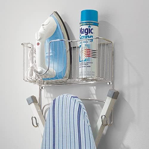 mDesign Metal Steel Ironing Board Holder Wall Mount with Large Storage Basket for Laundry Rooms - Holds Iron, Ironing Board, Spray Bottles, Starch, or Stain Sticks - Easy Installation - Chrome - Image 3