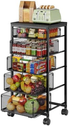 Kitchen Storage Cart with Drawer, 5-Tier Fruit Vegetable Storage Cart, Kitchen Organizer and Storage Cart with Wheels, Wooden Top Metal Wire Pantry Storage Cart rack for Fruit Snack Onion Potato by FollowWithYociyogaTogether