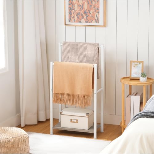 HOOBRO Free Standing Towel Rack for Bathroom, 2 Tier Blanket Rack, 16.5" L x 9.4" W x 31.5" H, Blanket Holder, Drying and Display Rack with Shelf, White and Grey WG02LB01 - Image 3