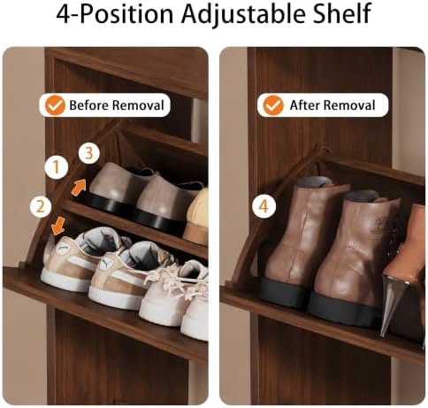 Walnut Hidden Shoe Cabinet with 3 Flip Drawer & Coat Rack, Entryway - Image 4