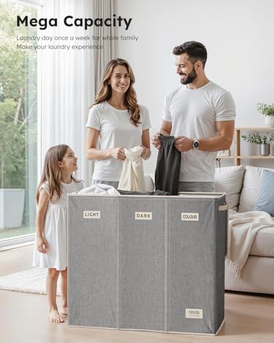 SOLEDI 200L 3-Section Laundry Hamper with Lid, Extra Large Dirty Clothes Basket with Sturdy Handles for Laundry Room & Bedroom - Durable Organizer for Sorting Laundry - Image 2