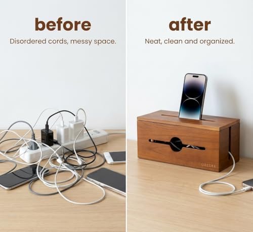 Wooden Cable Management Box for Power Strips, Desk Cord Organizer for Home Office & TV Stand, Hidden Cable Storage with Phone Stand - Image 3