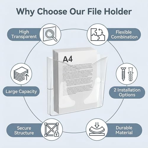 PAG-Mass 6-Pocket Clear Wall Mount File Organizer for Office, Vertical Hanging Document Paper Folder Holder for Home, Letter Size Mail Sorter, Transparent Magazine Literature Rack with Mounting - Image 5