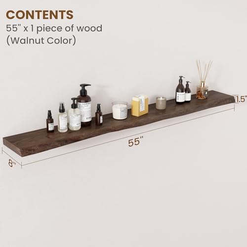 FLYJOE Floating Shelves for Wall Decor, Rustic Solid Elm Wood Live Edge Floating Shelves Wall Mounted, Wall Shelves with Invisible Bracket for Living Room Bathroom Bedroom Kitchen, 55 Inch, Walnut - Image 2