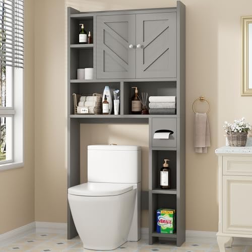 Shintenchi Over the Toilet Storage Cabinet, Bathroom Storage Cabient with Barn Doors, Bathroom Storage Shelf Organizer with Toilet Paper Holder, Adjustable Shelf and Anti-Tip Device, Gray by Shintenchi%7CFurnitureMadeforRealLife
