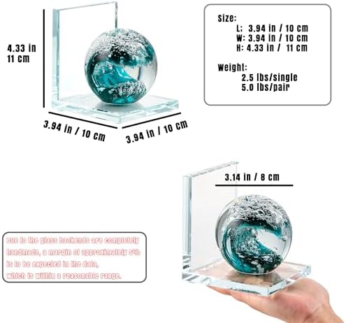 Glass Book Ends for Shelves, Dark Blue Hand Blown Sea Wave Ball, Set of 2 - Image 3