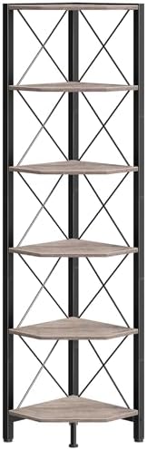 CHOEZON 6-Tier Corner Shelf, Corner Bookcase, 66.9" Tall Vertical Display Rack, Plant Stand, Open Storage Shelf, for Living Room, Bedroom, Study, Kitchen, Greige and Black TCJ13BG - Image 6