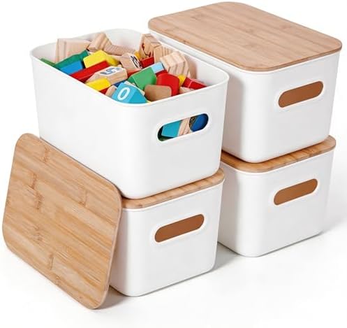 Citylife 7 QT Storage Bins with Bamboo Lids, Stackable with Handles, 4-Pack by CITYLIFEHomeOrganization