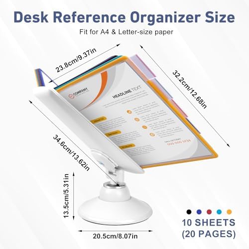 10-Pocket Desk Reference Organizer with 360° Swivel Base & 10 Double-Sided Panels Holds 20 Sheets A4/Letter Size Paper, Fast Flip & Find Desktop Reference System with Colored Index Tabs, White - Image 2