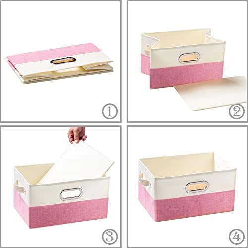 PRANDOM Large Collapsible Storage Baskets for Closet [3-pack] Decorative Fabric Storage Bins Cubes with Leather/Metal Handles for Shelves Bedroom Living Room Pink&Cream (14.9x9.8x8.3 Inch) - Image 5
