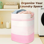 AINUOQI Laundry Basket with Handles - Blanket Basket & Hampers for Bedroom Aesthetic, Laundry Hamper & Blanket Storage for Living Room, Clothes Hamper, Tall, Large 17" x 14" x 22”, Pink & White - Image 6