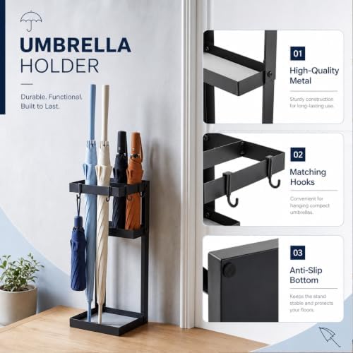 Umbrella Stand for Entryway with 2 Stone Mats, 4 Hooks - Image 4