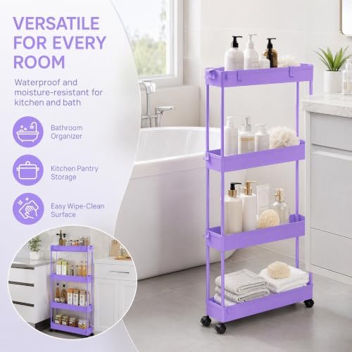 SPACELEAD Slim Storage Cart 3 Tier,Bathroom Organizer Rolling Utility,Mobile Shelving Unit Slide Out for Office, Kitchen, Laundry Room & Narrow Places,Purple - Image 6