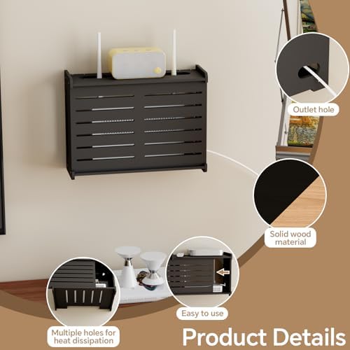 Wooden WiFi Router Storage Box Hider Shelf, Decorative Projector Box Hider Rack Countertop, for Cable, Modem, Internet, Router Power Cover Storage Organizer Cabinet Wall Mounted, Black - Image 3