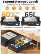 TOSKING 2-Pack Under Bed Storage Drawers with Wheels, 6 Vacuum Bags, 7.9" Height, Large 65L/80 lbs Clear Lid Rolling Bin, 900D Oxford, Space Saver for Dorm Bedroom, Blankets, Clothes, Shoes, Black - Image 6