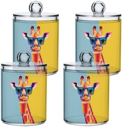 Fustylead 4 Pack Cute Giraffe in Sunglasses Drinking Juice Qtip Holder Dispensers for Cotton Swab, Ball, Round Pads, Floss, Plastic Apothecary Jar Set for Bathroom Canister Storage by Fustylead