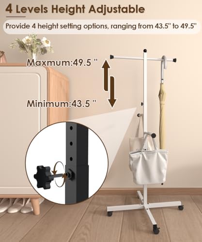 43-49 Inch Adjustable Shopping Bag Rack with Wheel, Heavy Duty Metal T-shaped Grocery Bag Holder for Retail Stores, Large Bag Display Stand for Malls,Vendor,Boutique,Trade Show, 4 Arms,White - Image 3