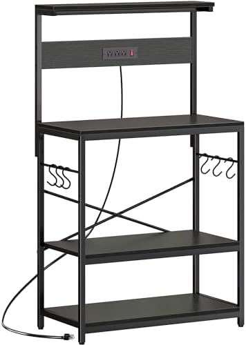 SUPERJARE Bakers Rack with Power Outlets, Microwave Stand, 31.5 X 16.5 Inch Larger Desktop, Kitchen Storage Rack with Adjustable Middle Shelf, 6 S-Shaped Hooks, Coffee Bar Stand, Black by SUPERJARE