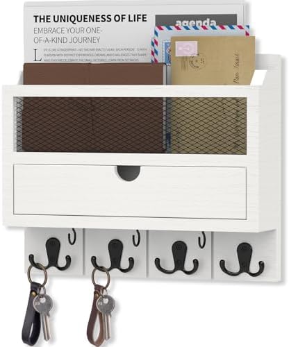 Nekon Mail Organizer with Drawer for Wall, Wooden Key Holder, White by NekonDesign