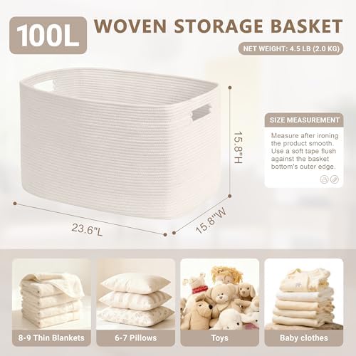 100L Extra Large Woven Laundry Basket Hamper with Handles, White - Image 2